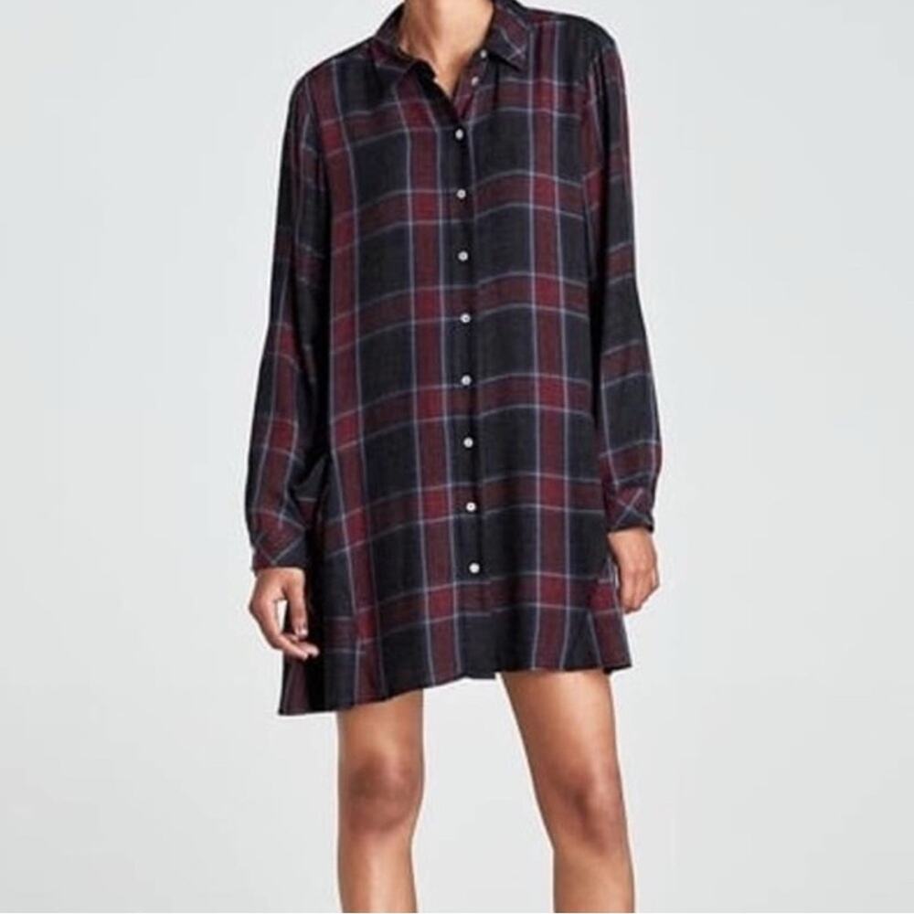Zara Plaid Long Sleeve Mini Shirt Dress Red Gray Size S